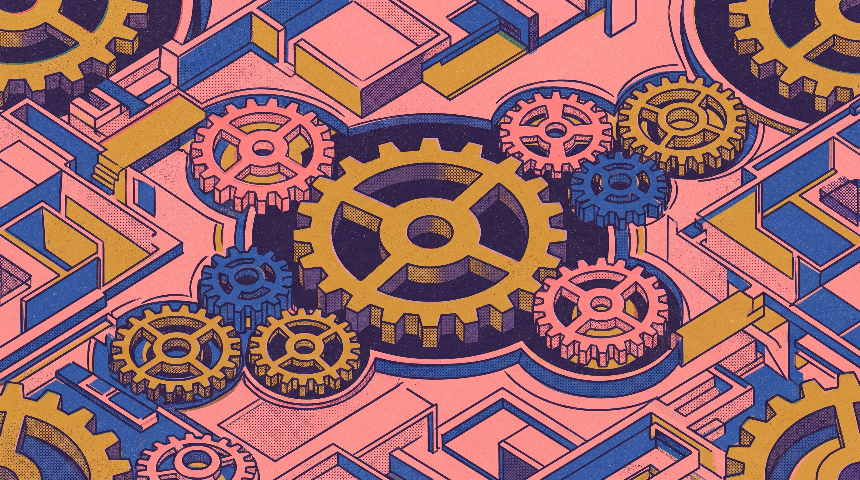 Risograph-print pattern of interlocking gears in pink, cobalt and mustard with a deep purple overlay, repeating across the frame like a recurring reset cycle.