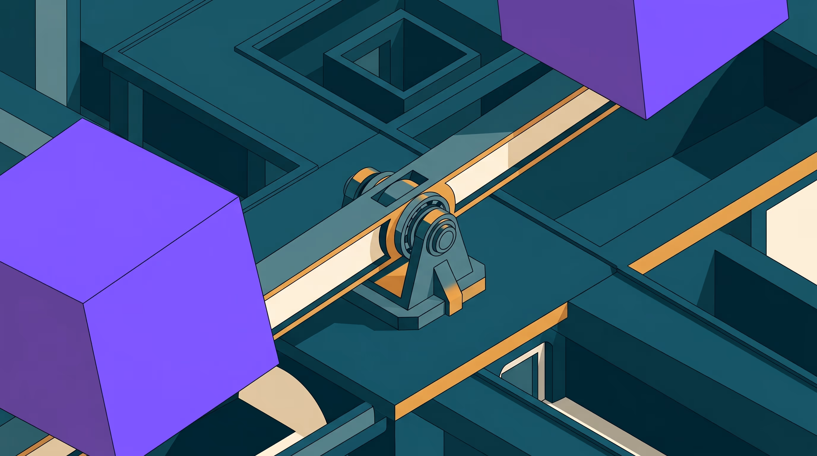 Two purple geometric volumes balanced on opposite ends of an isometric beam over a central pivot bearing, in deep teal and amber, representing two booking platforms weighed against each other.