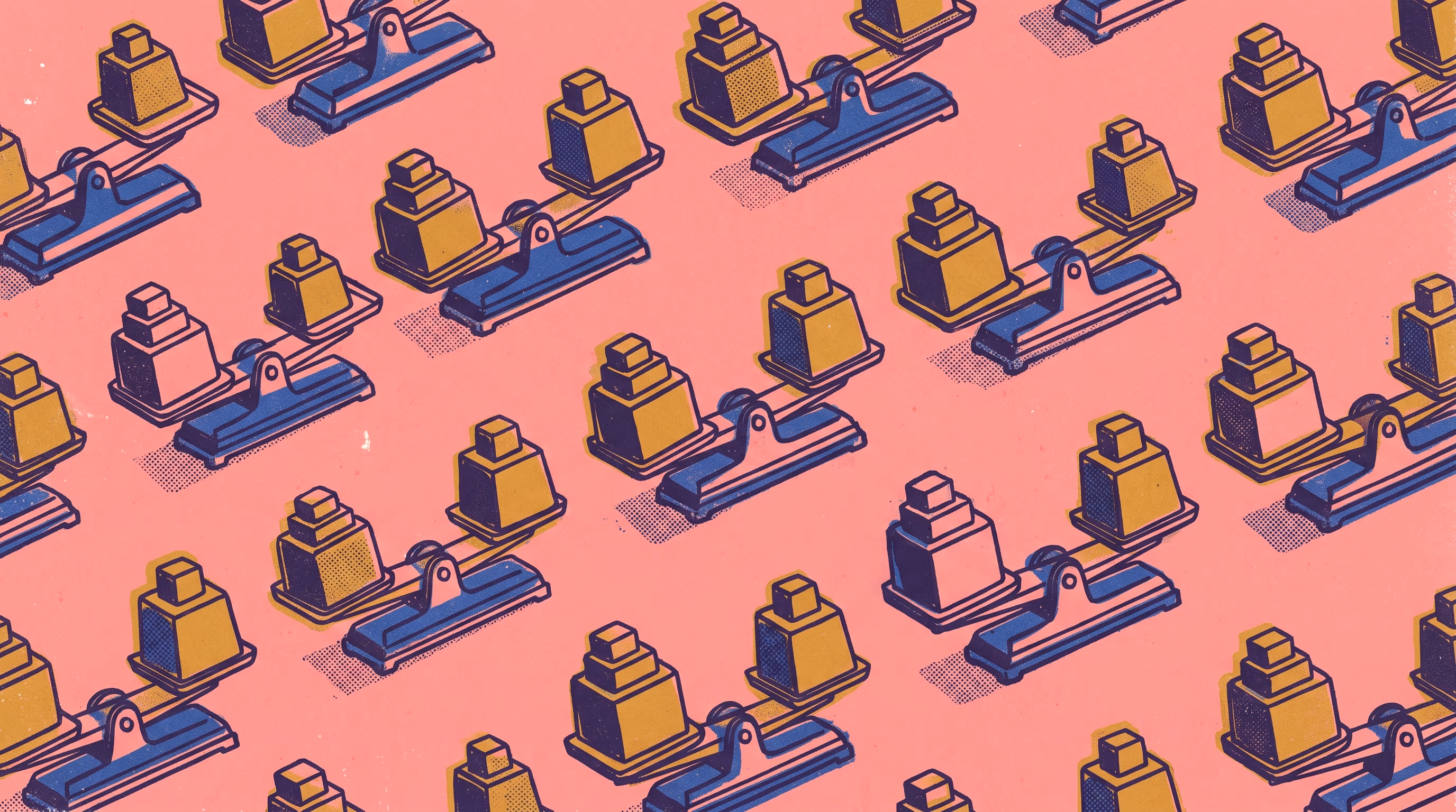 A repeating risograph pattern of small balance scales holding stacked weights at varied tipping angles, in warm pink, cobalt, and mustard, representing many bookings weighed across channels.